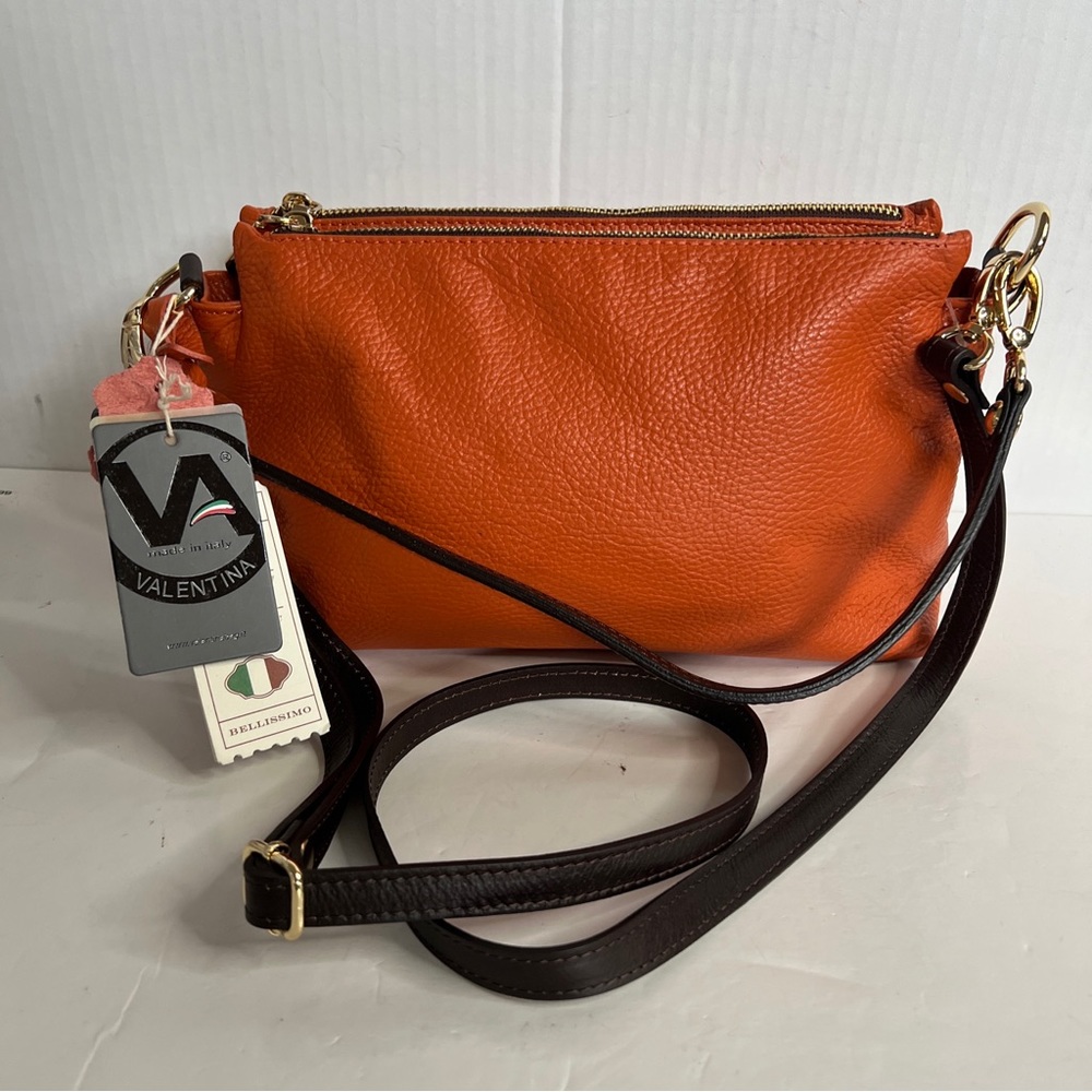NWT Valentina Vachetta Italian Small Leather CrossBody Bag In Orange Color